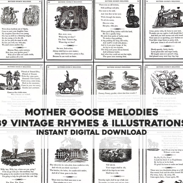 89 Vintage Mother Goose Melodies Nursery Rhymes | HQ Image Bundle/Printable Wall Art Instant Digital Instant Download Commercial Use