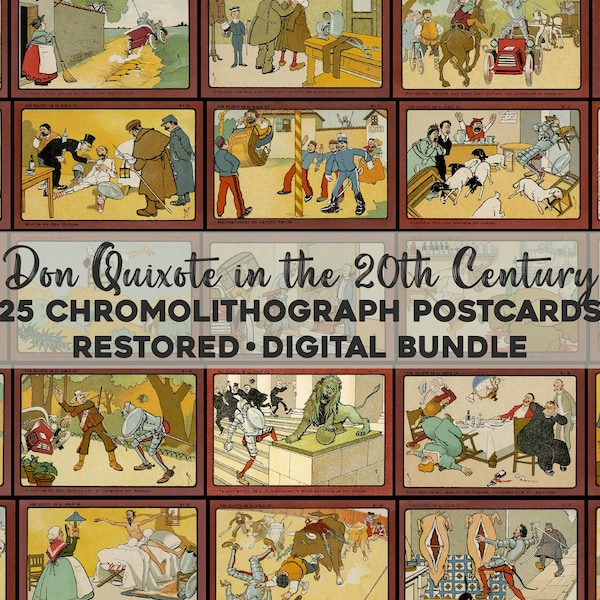 Don Quixote in the 20th Century Postcard Illustrations Printable Wall Art Bundle Digital Download Classic Vintage Books Commercial Use