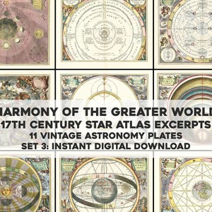 Op de afbeelding: Een verzameling van elf vintage astronomieplaten uit de 17e eeuw, met gedetailleerde hemelkaarten en diagrammen. De prenten zijn in verschillende kleuren, waaronder beige, roze en goud, met ingewikkelde illustraties van sterren en planetaire systemen. De tekst "HARMONY OF THE GREATER WORLD" is zichtbaar.
