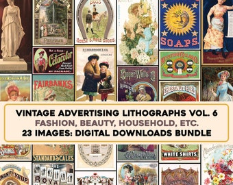 May include: A collage of 23 vintage advertising lithographs featuring various products, including soap, perfume, hosiery, and more. The lithographs are in a variety of colors and styles, and they are all from the early 20th century.