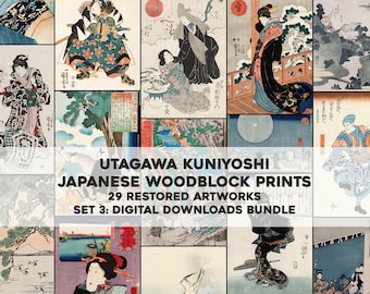 29 Japanese Woodblock Prints Kuniyoshi Kabuki Samurai | HQ Image Bundle Printable Wall Art | Instant Digital Download Commercial Use 3