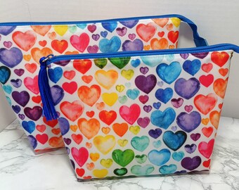 Heart print make up bag set, Heart print toiletry set, Cosmetic bag set, Handmade cosmetic bag set, Valentines Gift