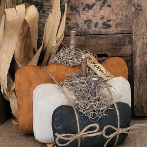 May include: Three fabric pumpkins in orange, off-white, and black, each featuring a small wooden twig stem and a cluster of dried moss. The black pumpkin is wrapped in twine with a bow, and a small tan tag with the word HARVEST is attached.