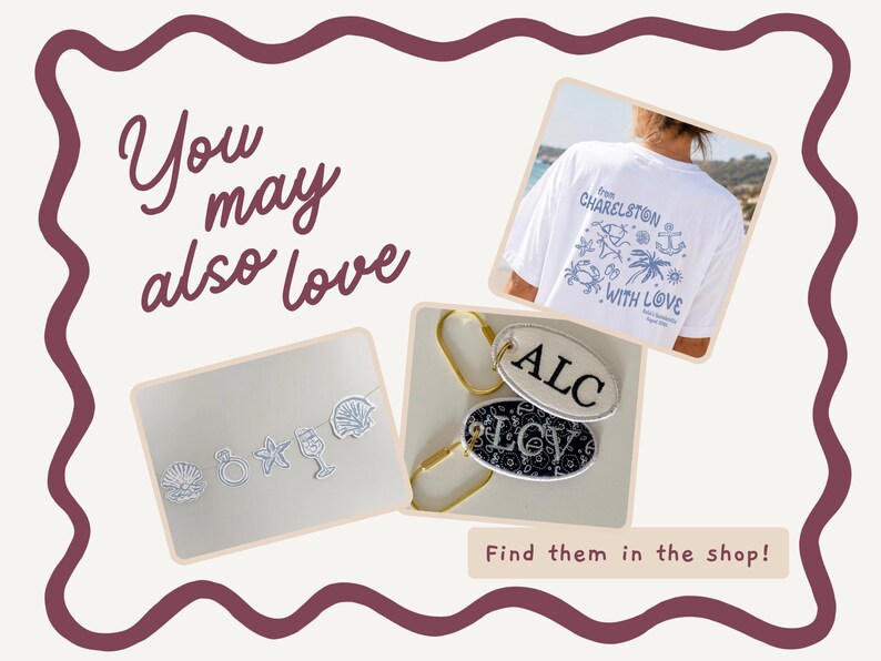 May include: A white t-shirt with blue coastal graphics and the text 'from CHARLESTON WITH LOVE', a garland of white shell and starfish shapes, and two oval keychains with gold rings featuring the monogrammed letters 'ALC' and 'LCV'.