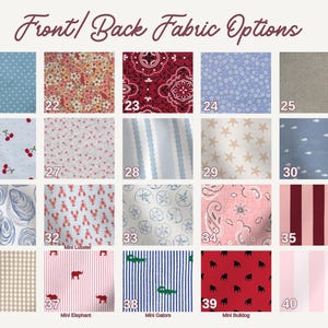 May include: A selection of fabric swatches with various patterns and colors. The swatches include polka dots, floral prints, paisley, stripes, and novelty designs. Each swatch is numbered for easy reference, with the text "Front/Back Fabric Options" at the top.