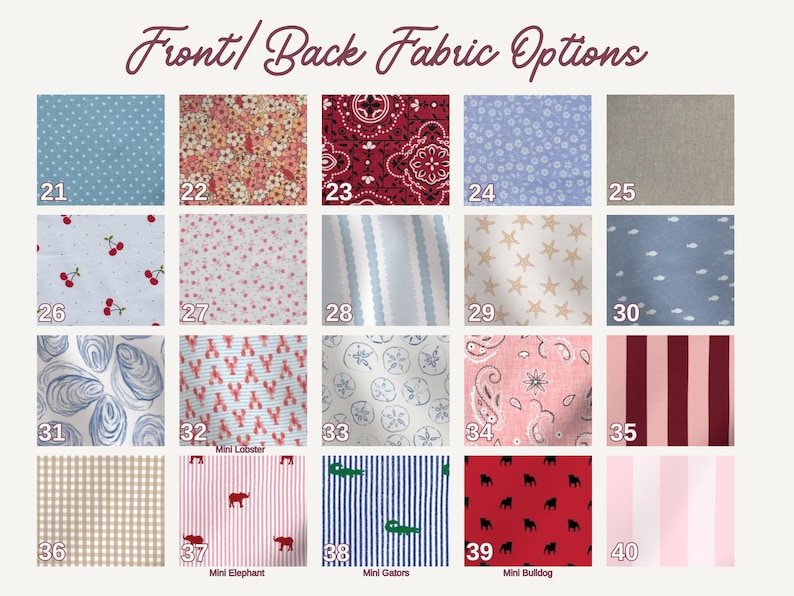 May include: A selection of fabric swatches with various patterns and colors. The swatches include polka dots, floral prints, paisley, stripes, and novelty designs. Each swatch is numbered for easy reference, with the text "Front/Back Fabric Options" at the top.