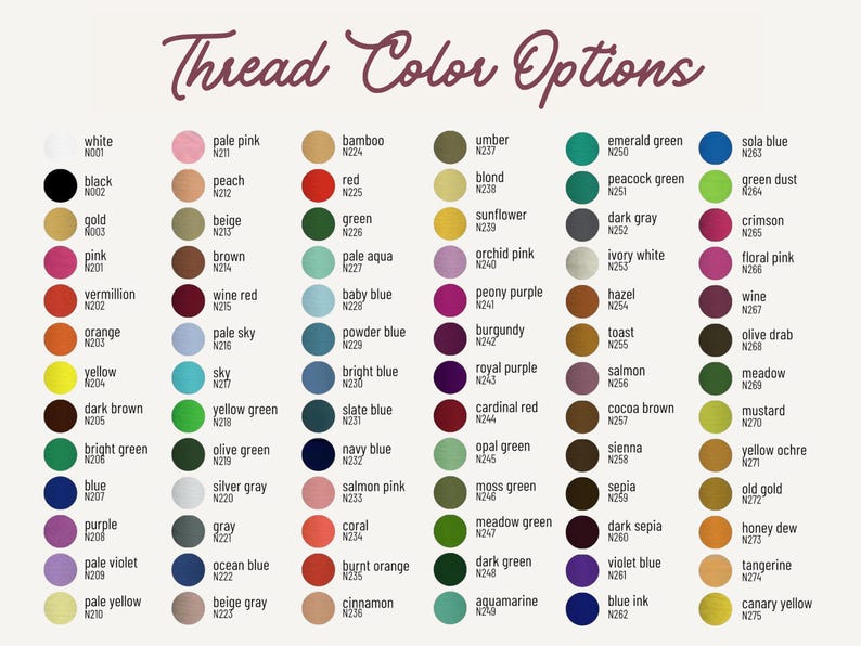 May include: A color chart titled "Thread Color Options" with a variety of thread colors, each labeled with a name and a number. Colors range from white to black, pink, orange, yellow, and many more.