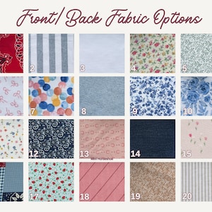 May include: A selection of twenty fabric swatches, each with a unique pattern and color. The fabrics include floral prints, stripes, polka dots, and solid colors, with a variety of textures and designs. The text "Front/Back Fabric Options" is at the top.