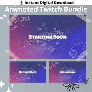Animated Purple Galaxy Space Stream Screen Bundle for Twitch, Starting Soon, Be Right Back, Ending Stream and Offline Screen.