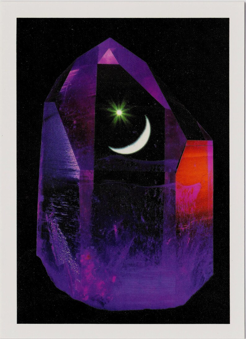 Vortex Crystal Post Cards Images of Sedona, the Moon and Rainbow in a world class 14lb Arkansas McEarl Quartz. Moon and Star