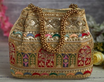 Gold Potli bag with threadwork, Pearl handle, Sequin work, Zardozi work and Designer Pattern for Wedding, Evening Party.