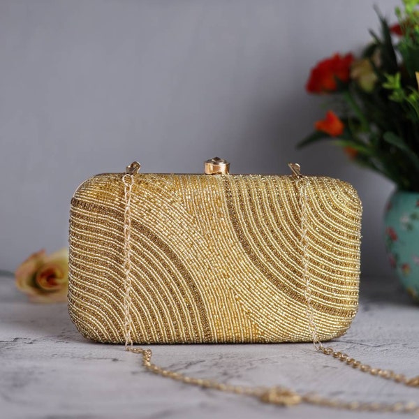 Golden hard case Clutch purse, bag handmade with Designer Pattern, golden bling, shoulder strap and handle for Wedding, Evening Party.