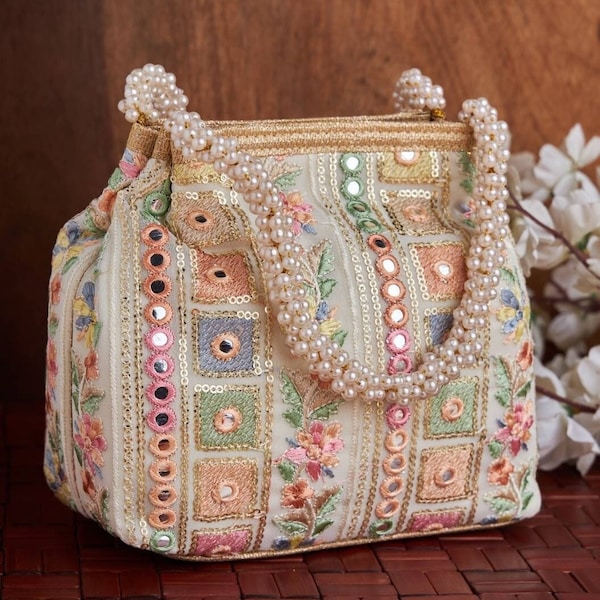 Traditional Embroidered Potli handbag, bag with Pearl handle and Designer Pattern for Wedding, Evening Party, Ethnic wear and gifting.