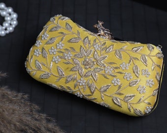 Sunflower yellow clutch bag, purse with Sequin Embroidery, Sunrise Inspired and Metal sling for Wedding, Engagement and Brunch Party.