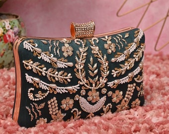 Dark Forest Green clutch with Gold Designer, Zardozi Pattern and metal frame for Winter Weddings, Christmas Theme and Bridesmaid Outfit.