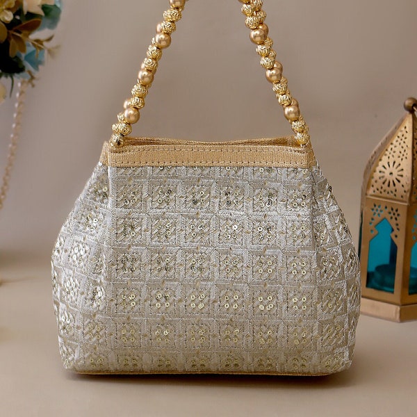 Beige Metallic Potli bag,handbag with threadwork, Silk Fabric, Sequin work, beaded work and Spacious for Wedding, Ethnic wear and gifting