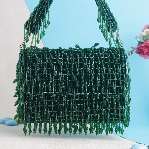 Glitter Green handbag, top handle bag with Shimmer, Glamorous Design, Suede Lining and Top shoulder handle for Evening party.