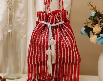 Elegant Red Potli bag, handbag with Extensive Fringes, Formal minimalist look and Handle for Hot Summer look and Tropical Wedding.