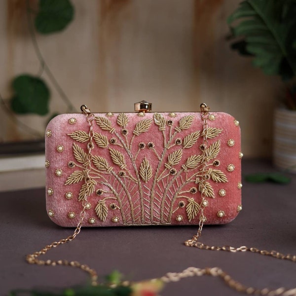 Zardozi Velvet Pink Embroidered Clutch purse, bag with Designer Pattern, shoulder strap and handle for Wedding, Evening Party & Ethnic wear.