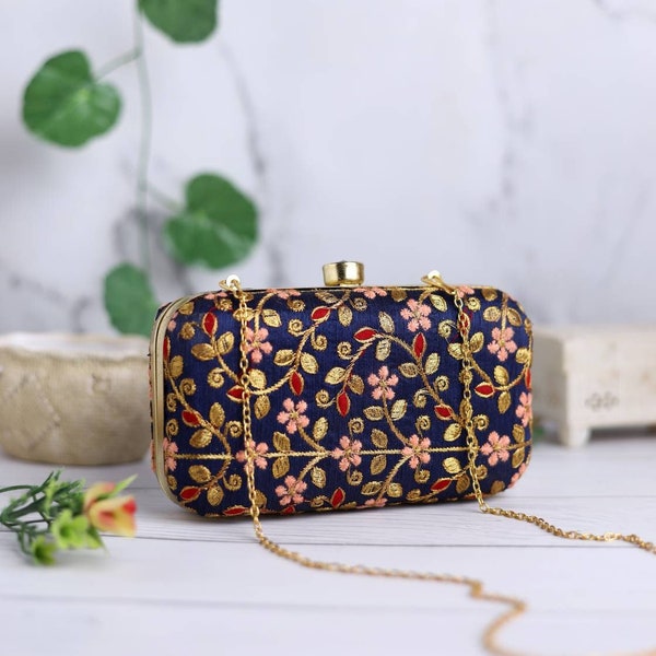 Floral Embroidered Silk Clutch purse, bag with Sequin work, Designer Pattern, shoulder strap, handle for Wedding, Evening Party and Ethnic.