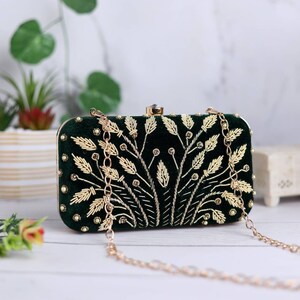 Velvet Emerald Green Embroidered Clutch purse, bag with Sequin work, shoulder strap and handle for Wedding, Evening Party and Ethnic wear.