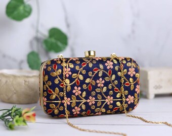 Floral Embroidered Silk Clutch purse, bag with Sequin work, Designer Pattern, shoulder strap, handle for Wedding, Evening Party and Ethnic.