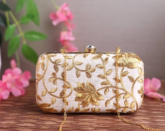 Golden floral clutch purse, bag with Zardozi work, shoulder strap and handle for Wedding, Evening Party and Ethnic wear.