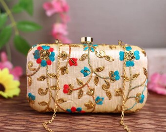 Traditional floral clutch purse, bag with Zardozi work, Rajasthani inspired, shoulder strap and handle for Wedding, Evening Party and Ethnic