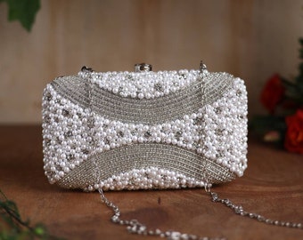 White Pearl Embroidered Clutch purse, bag with Designer Pattern, shoulder strap and handle for Wedding, Evening Party and gift