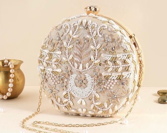 White Round Silk clutch purse, bag with Zardozi work, Designer Pattern, shoulder strap, handle for Royal Wedding outfit and Ethnic wear.