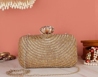 Elegant Gold Clutch purse, bag with Royal Embroidery, Luxury texture, shoulder strap and sling for Wedding, Day Party and Ethnic wear.