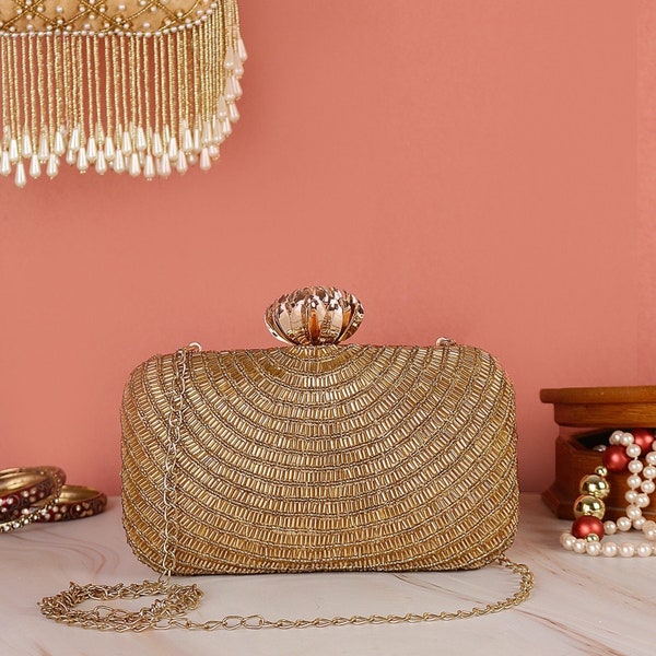 Elegant Gold Clutch purse, bag with Royal Embroidery, Luxury texture, shoulder strap and sling for Wedding, Day Party and Ethnic wear.