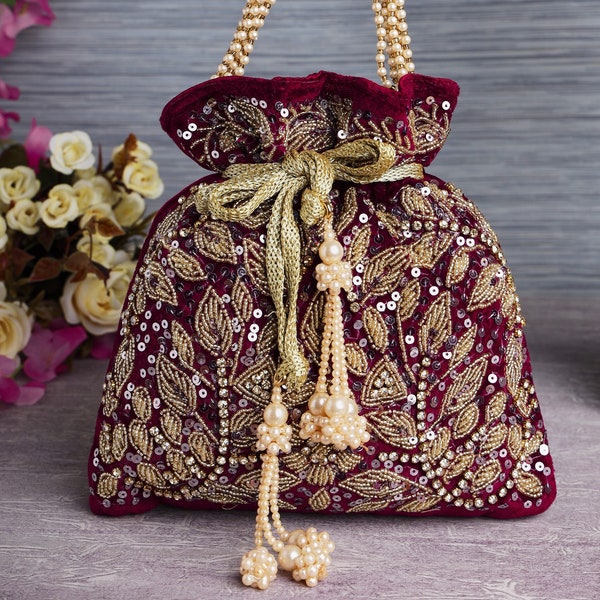 Maroon Crystal Potli bag, handbag with Sparkle jewel, Woven handle, Sequin work, Velvet Fabric and Spacious for Wedding and Ethnic wear