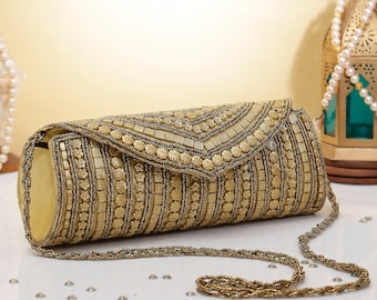Indian Gold Ethnic Clutch purse, bag with Shiny Work, shoulder strap and Long sling for Prom, Indian Wedding and Evening Party.