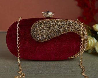 Velvet Maroon Embroidered Clutch purse, bag with Sequin work, Faux diamonds and royal look for Wedding, Evening Party and Ethnic wear.