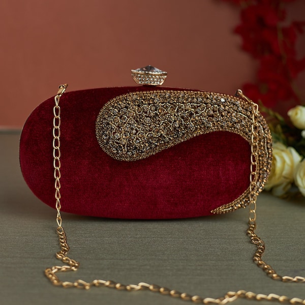 Velvet Maroon Embroidered Clutch purse, bag with Sequin work, Faux diamonds and royal look for Wedding, Evening Party and Ethnic wear.