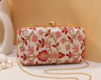 Ethnic Floral Embroidered Clutch purse, bag with Sequin work, shoulder strap, handle for Wedding, Evening Party and Ethnic wear.