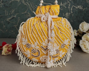Bright Yellow  Potli bag, handbag with threadwork, Pearl handle, Sequin work, beaded work and Spacious for Wedding, Ethnic wear and gifting.