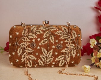 Velvet Brown Sequin Embroidered Clutch purse, bag with Designer Pattern, shoulder strap and handle for Wedding, Evening Party and Ethnic wea