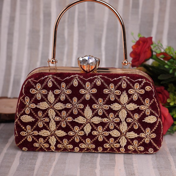 Ruby Red Clutch purse, bag with Regal Embroidery, Velvet Fabric, Gold handle and Sling for Wedding, Royal Party and Ethnic wear.-Maroon