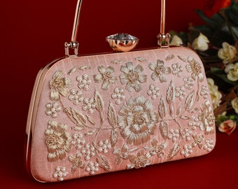 Rose Gold Silk Clutch purse, bag with Victorian inspired, shoulder strap and sling for Wedding, Evening Party and Formal Ladies outfit.