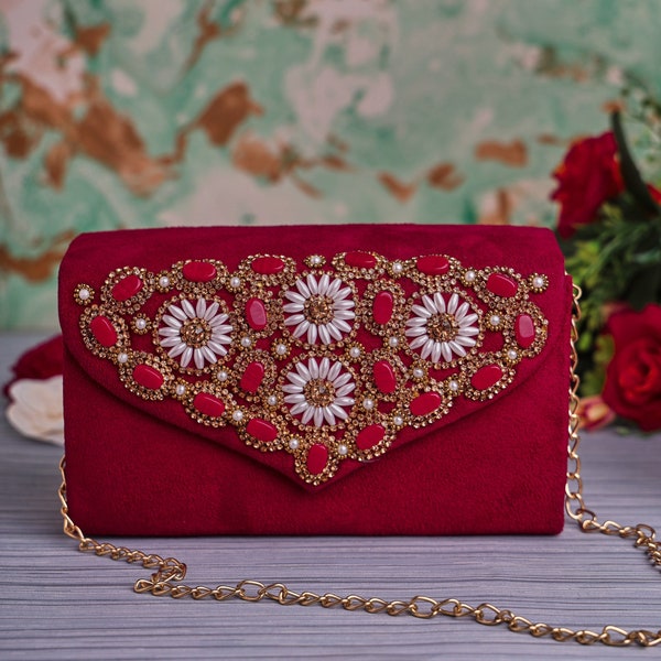 Pochette en perle rouge, sac avec broderie, motif de créateur, bandoulière en tissu velours pour mariage indien, soirée et vêtements ethniques