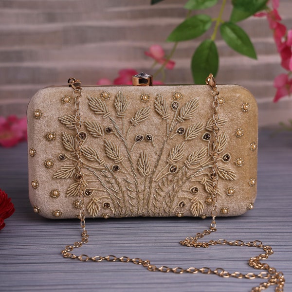 Indian Gold Sequin Clutch purse, bag with Designer Pattern, Embroidery, Velvet fabric, shoulder strap and handle for Wedding & Ethnic wear.