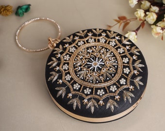 Round Sequin Clutch purse, bag with Crystal Embroidery, Silk Fabric, shoulder strap and sling for Wedding, Evening Party and Ethnic wear.