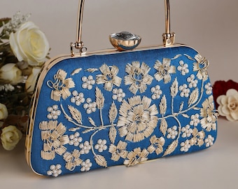 Blue Silk Sequin Clutch purse, bag with Gold Embroidery, shoulder strap and sling for Wedding, Special Function, Evening Party & Ethnic wear