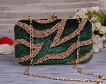 Emerald Green diamond Clutch purse, bag with Designer Pattern, Embroidery, Velvet fabric, shoulder strap and handle for Indian Wedding.