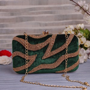 Emerald Green diamond Clutch purse, bag with Designer Pattern, Embroidery, Velvet fabric, shoulder strap and handle for Indian Wedding.