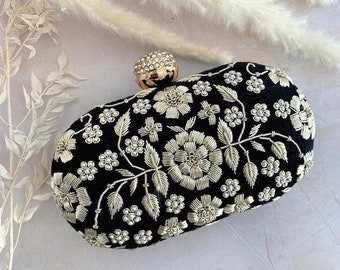 Midnight Black Embroidered clutch purse, bag with Silk fabric, Sequin Work, Zardozi work and Leaf Pattern for western and traditional outfit