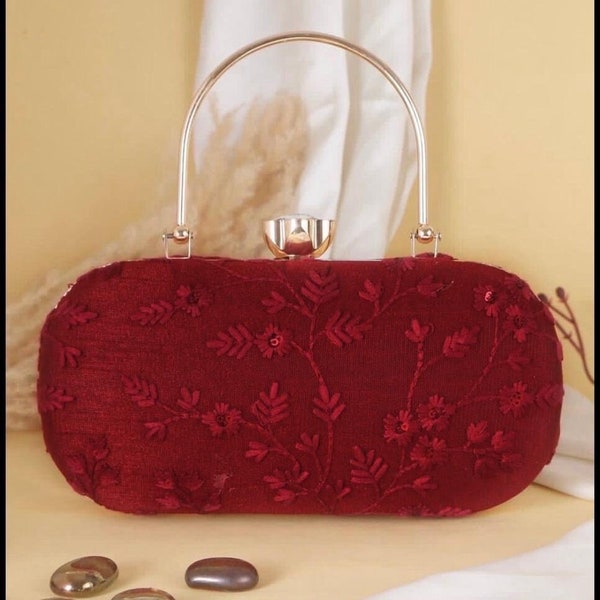Pretty Red Clutch purse, bag with Sequin work, Ethnic Designer Pattern, Gold handle and sling for Wedding and Traditional wear.
