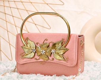 Rose Pink Flap Clutch purse, bag with Royal and Heavy Embroidery, Velvet Fabric Gold handle and sling for Wedding, Day Party & Ethnic wear.